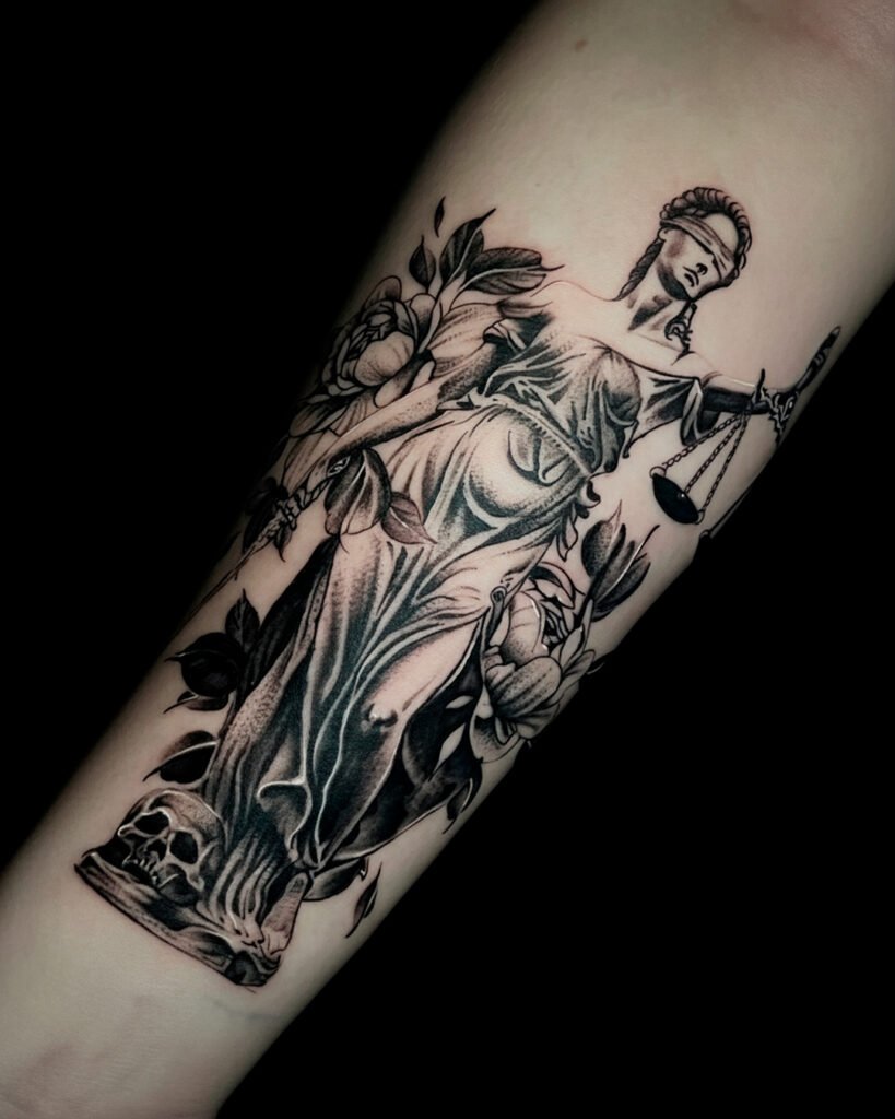 Tatuaje justicia en antebrazo